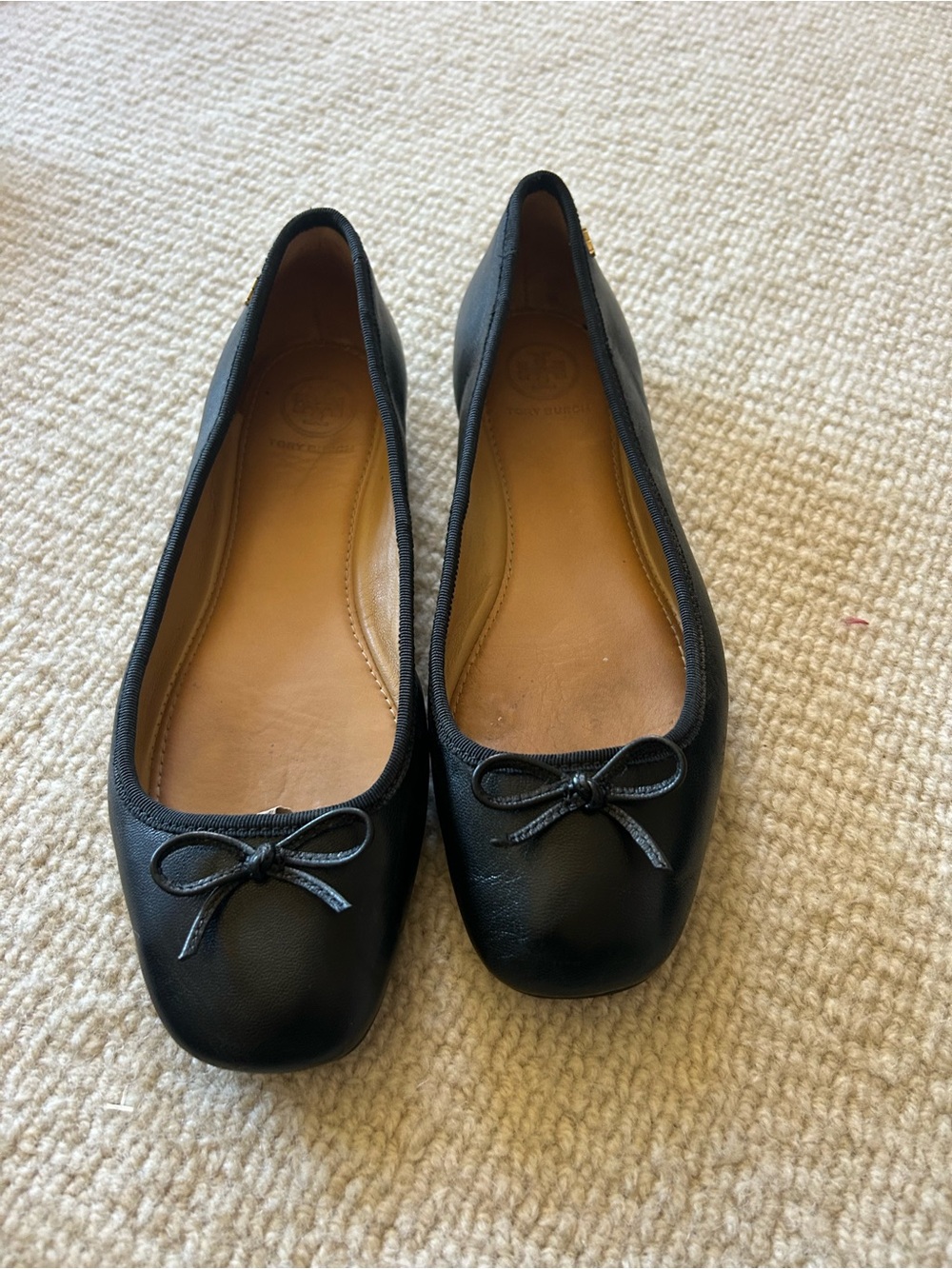 Tory Burch Black Leather Square-Toe Ballet Flats with Bow